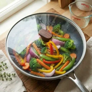 Covering the frying pan with a clear glass lid to steam the contents, illustrating how to cook vegetables in pan without oil