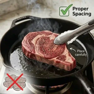 Proper spacing while placing steak is key to how to sear meat perfectly in pan.