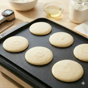 Proper spacing of batter on the cooking surface to demonstrate how to cook pancakes on griddle evenly.
