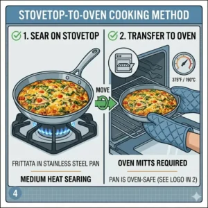 A two-step visual guide showing a steak being seared on the stove and transferred to the oven to illustrate how to use oven safe pan correctly.
