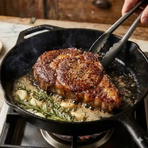 Using tongs to flip the steak shows how to sear meat perfectly in pan with a brown crust.