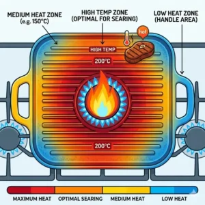 A heat map visual explaining how to use griddle pan on stove while managing heat distribution across the entire surface.