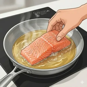 Carefully placing a seasoned raw fish fillet skin-side down into a hot, oiled stainless steel pan with visible gentle sizzling action, illustrating how to cook fish without sticking to pan.