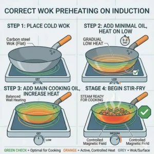 Step-by-step preheating guide on how to use wok on induction cooktop without warping the metal.