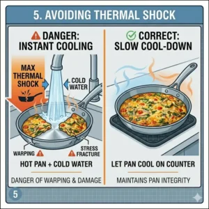 A warning infographic about avoiding thermal shock by letting cookware cool down, teaching how to use oven safe pan correctly.