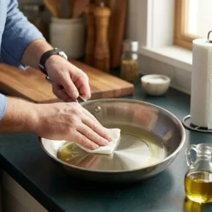 A person applying a thin layer of oil to a cast iron skillet to build up seasoning and prevent food from sticking.