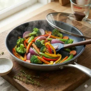 Using a spatula to toss vibrant bell peppers and snap peas while practicing how to cook vegetables in pan without oil.