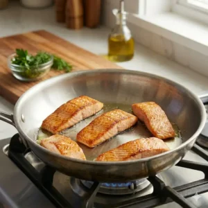 A top-down view of vegetables spaced out in a pan, showing how proper airflow helps prevent food sticking to the pan.