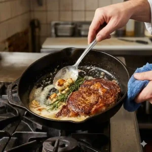 Basting with herbs and butter is the secret technique for how to sear meat perfectly in pan.