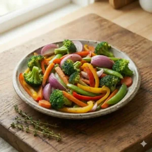 Illustration 6: A beautifully plated dish of tender, lightly browned greens showcasing the final result of how to cook vegetables in pan without oil.