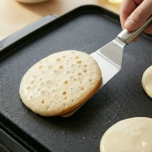 Using a spatula to flip the cake at the right time, showing how to cook pancakes on griddle evenly.