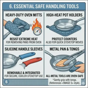 An illustration of heavy-duty oven mitts and silicone grips necessary for knowing how to use oven safe pan correctly.