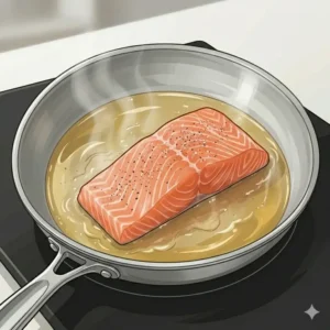 A seasoned raw fish fillet searing undisturbed in a pan of hot oil to allow a natural crust to form, a key secret in how to cook fish without sticking to pan.
