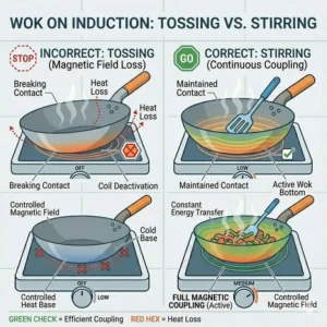 Proper spatula technique showing how to use wok on induction cooktop by maintaining magnetic contact
