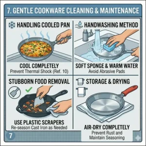 A visual guide showing gentle handwashing instead of using a dishwasher to maintain the cookware when learning how to use oven safe pan correctly.