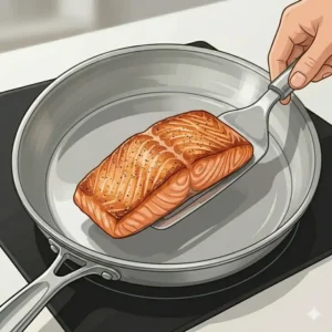 A flexible metal fish spatula easily sliding under a perfectly seared salmon fillet, showcasing the successful final result of how to cook fish without sticking to pan.