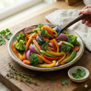 Garnish and fresh herbs being sprinkled onto the cooked dish, finalizing the guide on how to cook vegetables in pan without oil.