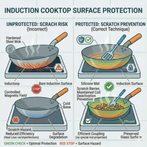 Using a protective silicone mat while learning how to use wok on induction cooktop to prevent glass scratches.