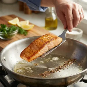 Using a spatula to gently lift an egg, showing it naturally releasing from the pan surface once fully seared.