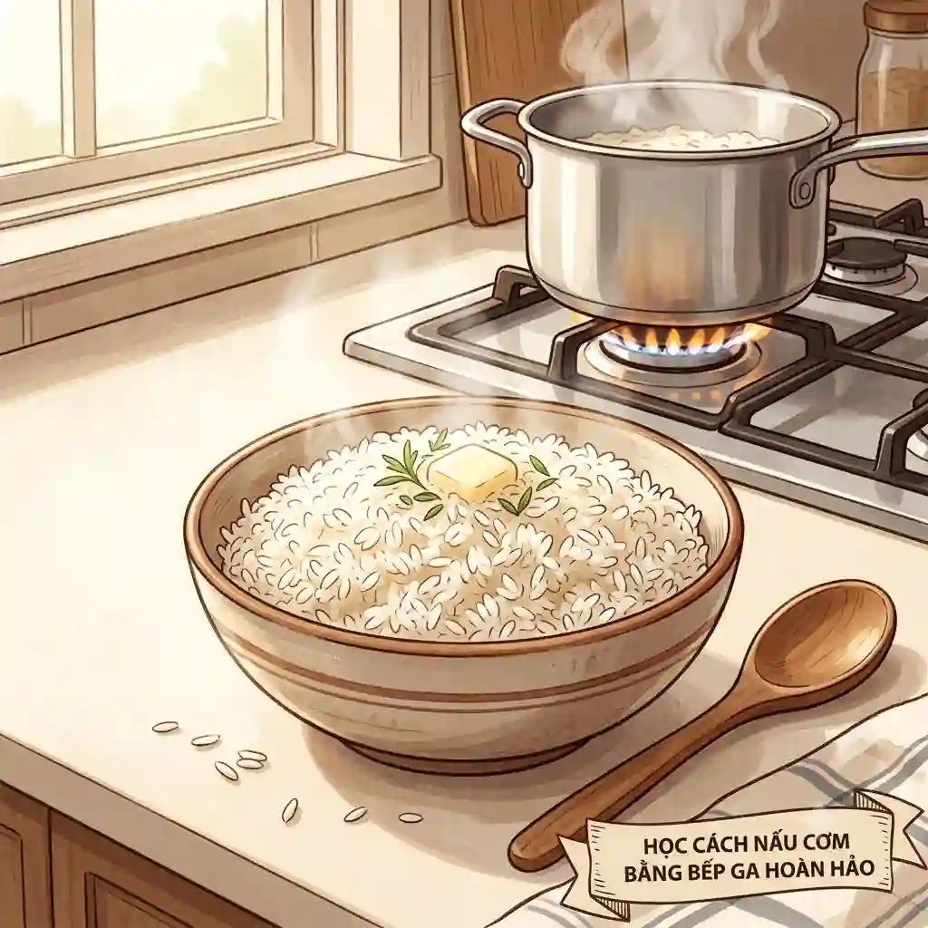 A steaming bowl of fluffy white rice topped with butter next to a stainless steel pot on a kitchen counter, showing how to cook rice on stovetop perfectly.