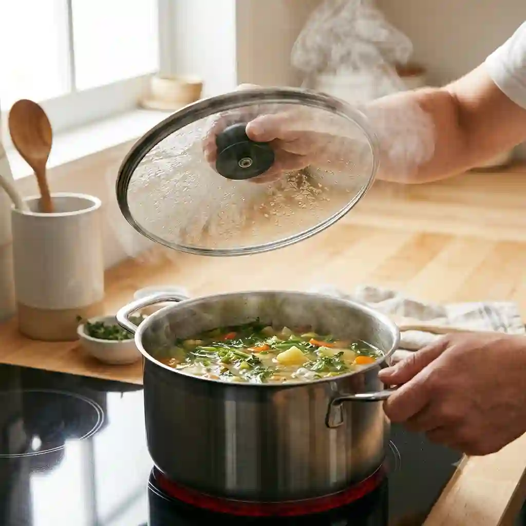A beautiful, bright photograph of a home cook in a modern kitchen demonstrating how to use lid when cooking properly by lifting a glass lid off a simmering pot on the stove.