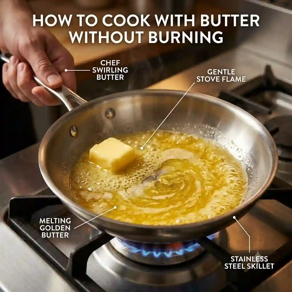 A chef swirling melting golden butter in a stainless steel skillet over a gentle stove flame, demonstrating how to cook with butter without burning.