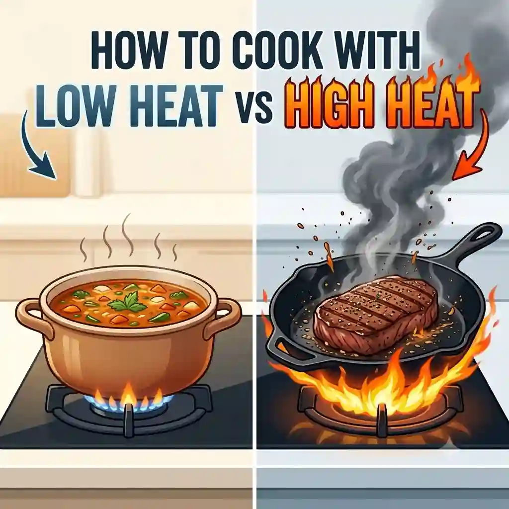 A split-screen illustration showing a direct comparison of how to cook with low heat vs high heat, featuring a simmering stew pot next to a searing steak in a smoking cast-iron skillet.