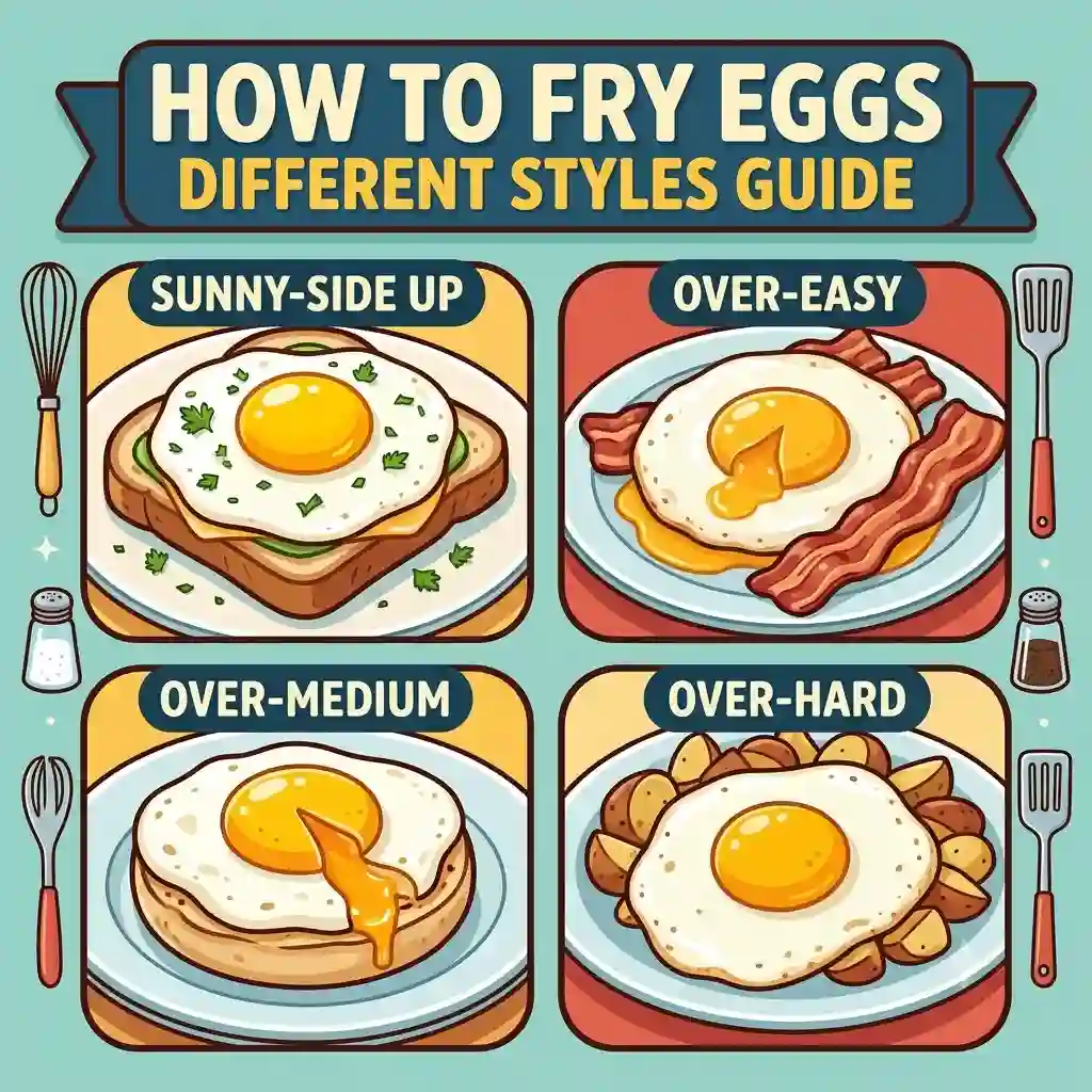 A complete guide on how to fry eggs in different styles, featuring a skillet with sunny-side up, over-easy, over-medium, and over-hard eggs.how to fry eggs different styles guide