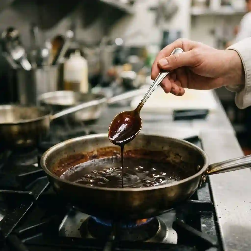 A chef testing a rich reduction to check how to reduce sauce properly in a professional kitchen.