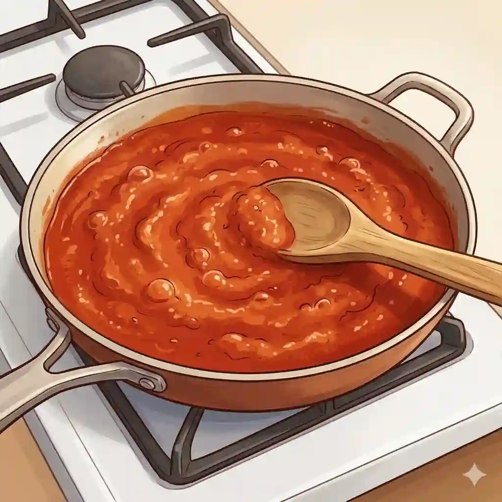 A close-up shot of homemade tomato marinara sauce simmering gently in a wide pan on a stovetop, demonstrating how to simmer sauce correctly.
