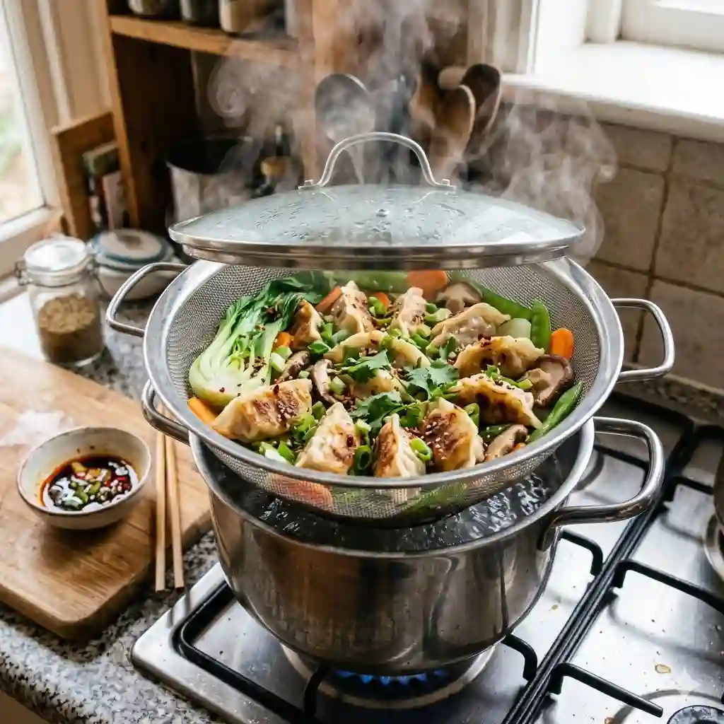 A plate of fresh vegetables and dumplings being steamed at home using a DIY pot and strainer method without a traditional steamer.