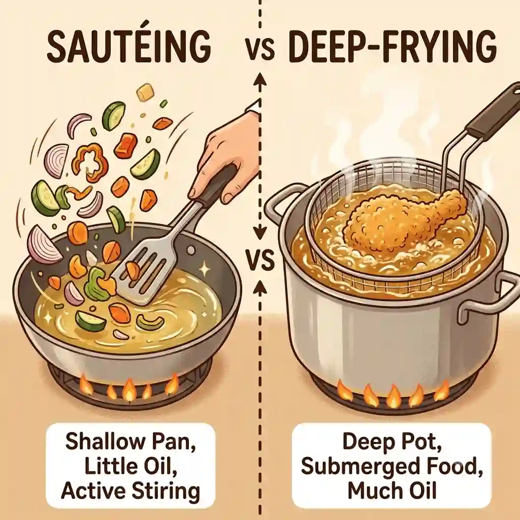 A side-by-side comparison illustrating the key differences between saute and fry cooking methods in a professional kitchen setting.