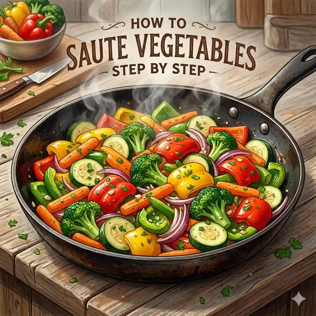 A vibrant pan of colorful mixed greens and peppers showing how to saute vegetables step by step.