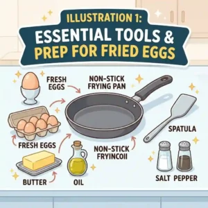 Essential kitchen tools and ingredients needed for frying eggs, including a non-stick pan, spatula, and butter.