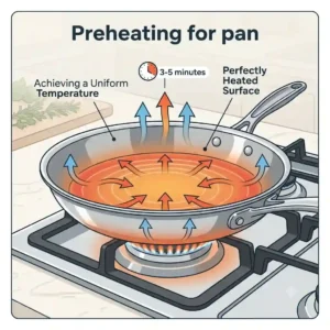 An illustration of preheating a skillet to cook food evenly in a pan.
