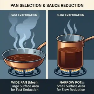 An illustration comparing a wide skillet versus a narrow pot, showing how to reduce sauce properly using surface area.