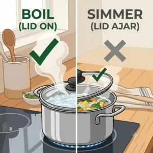 An infographic demonstrating the boiling rule, which is a key concept in understanding how to use lid when cooking properly to bring water to temperature faster.