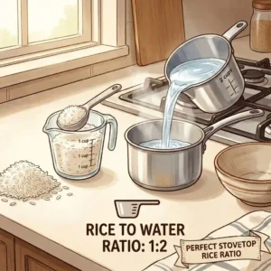 A step-by-step kitchen graphic demonstrating the correct water-to-rice ratio required for how to cook rice on stovetop perfectly.