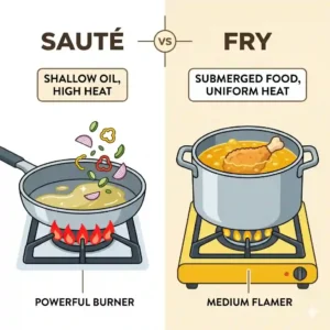 Close-up demonstrating the minimal oil volume required for a proper saute, explaining the difference between saute and fry cooking.