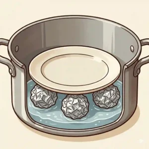 A DIY cooking setup showing how to steam food without a steamer using crushed aluminum foil balls and a heatproof plate inside a pot.