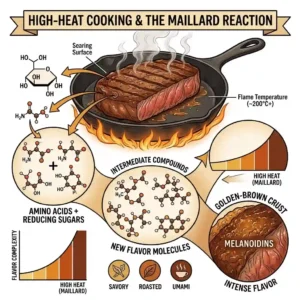 An educational infographic detailing the Maillard reaction science to explain how to cook with low heat vs high heat for perfect meat browning.