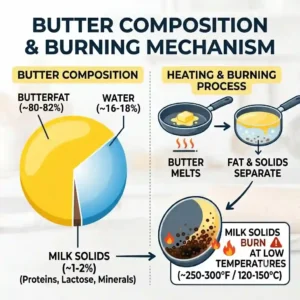 Graphic diagram showing the composition of butter and why milk solids burn easily, explaining how to cook with butter without burning.