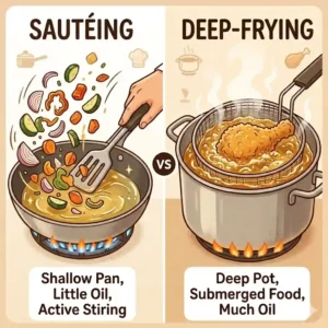 A chicken wing is submerged in hot oil during deep frying, illustrating a key part of the difference between saute and fry cooking.