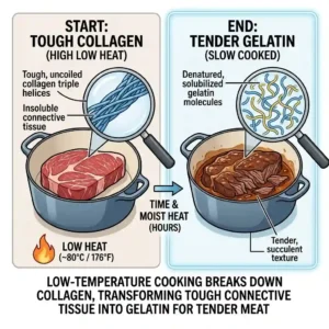 A scientific diagram showcasing collagen breakdown into gelatin, explaining how to cook with low heat vs high heat when dealing with tough cuts of meat.