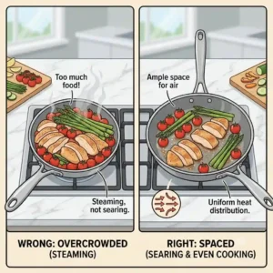 A comparison graphic showing how to cook food evenly in a pan by avoiding overcrowding.