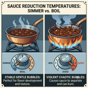 A diagram illustrating the ideal simmer temperature compared to a violent boil, explaining how to reduce sauce properly without splitting.