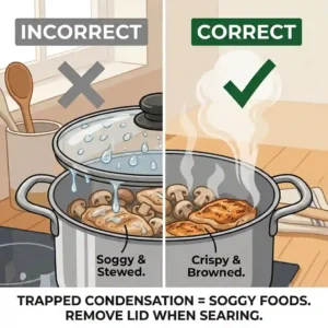 A close-up diagram illustrating how trapped condensation drips back into searing mushrooms, a common mistake people make when they are learning how to use lid when cooking properly.