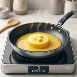 Close-up illustration of a stove dial set to medium-low heat under a frying pan to teach readers how to cook with butter without burning.