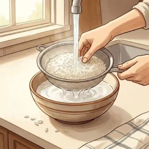 A close-up illustration of washing raw white rice in a fine-mesh strainer under cold running water, a vital step for how to cook rice on stovetop perfectly.