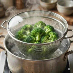 Broccoli florets being steamed in a kitchen pot using a standard metal colander as a makeshift steamer basket.